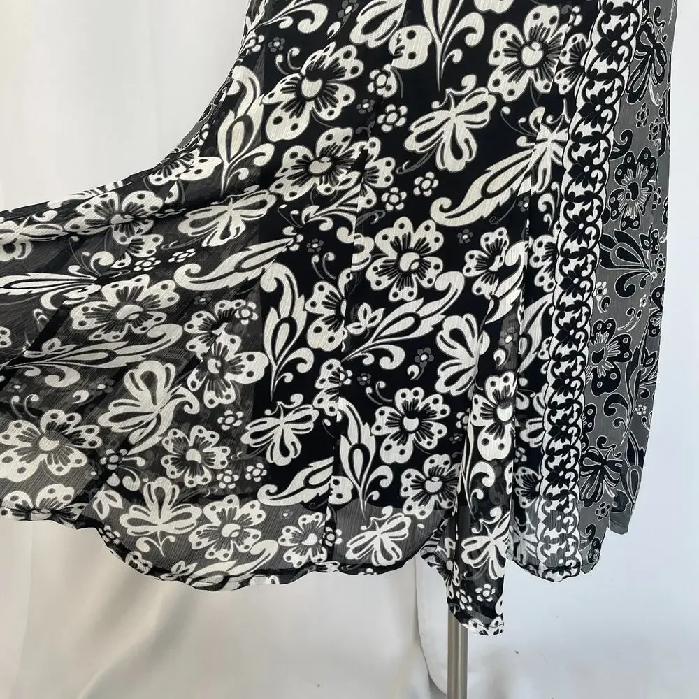 Y2K Midi Skirt Size 12 Black Gray Floral Boho Flare Chiffon Fairy Whimsigoth Vtg